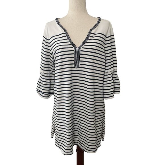 Talbots Dresses & Skirts - Talbots Womens Large Cotton Dress Navy Stripes Embroidery 3/4 Bell Sleeves